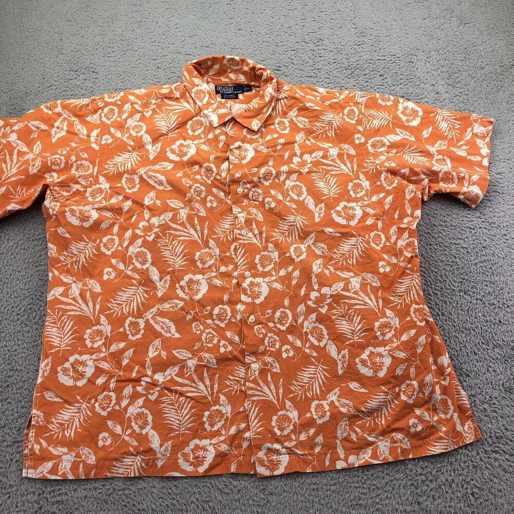 Polo Ralph Lauren Shirt Mens 2XL Orange Floral Short Sleeve Hawaiian Caldwell